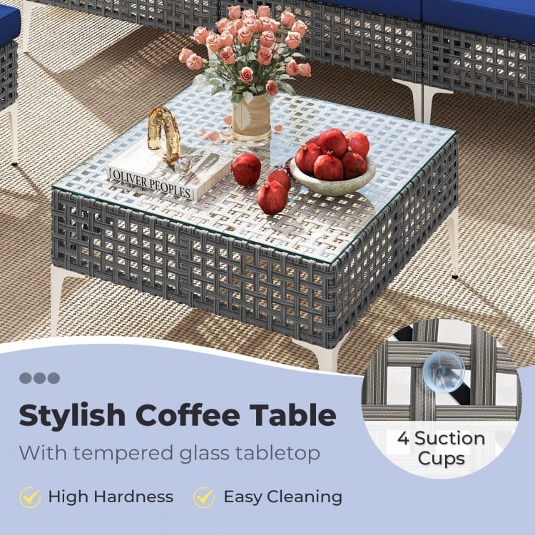 7 Piece Outdoor Furniture Set Wicker Chairs with Tempered Glass Coffee Table-Navy