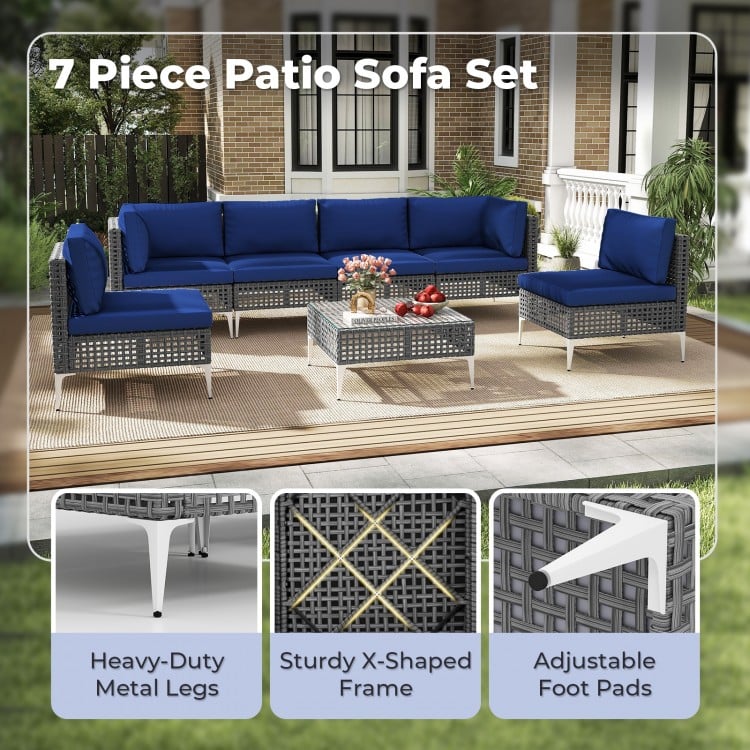 7 Piece Outdoor Furniture Set Wicker Chairs with Tempered Glass Coffee Table-Navy
