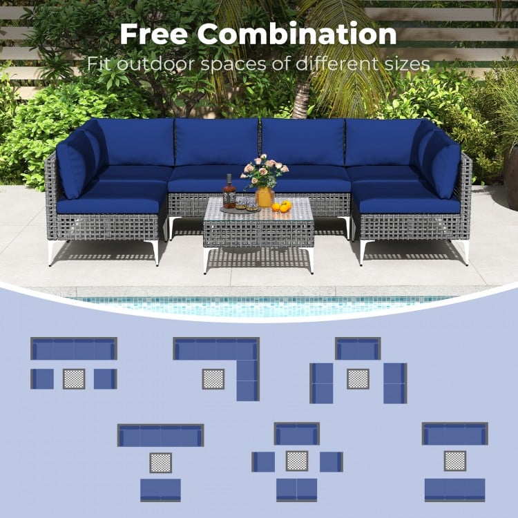 7 Piece Outdoor Furniture Set Wicker Chairs with Tempered Glass Coffee Table-Navy