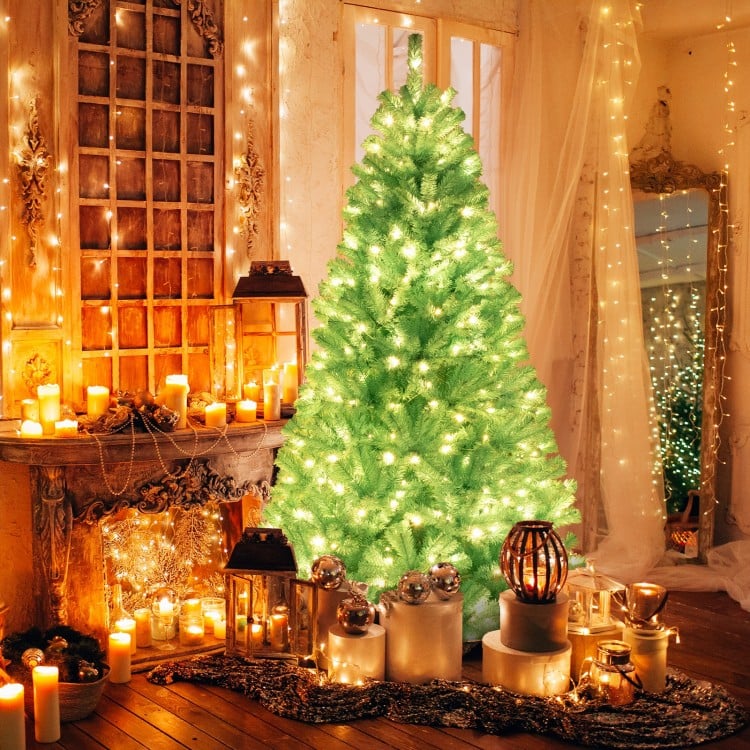 7 FT Blue Artificial Christmas Tree with 280/380 Warm White LED Lights and Foldable Metal Stand