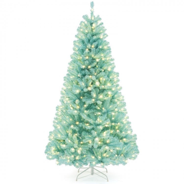 7 FT Blue Artificial Christmas Tree with 280/380 Warm White LED Lights and Foldable Metal Stand