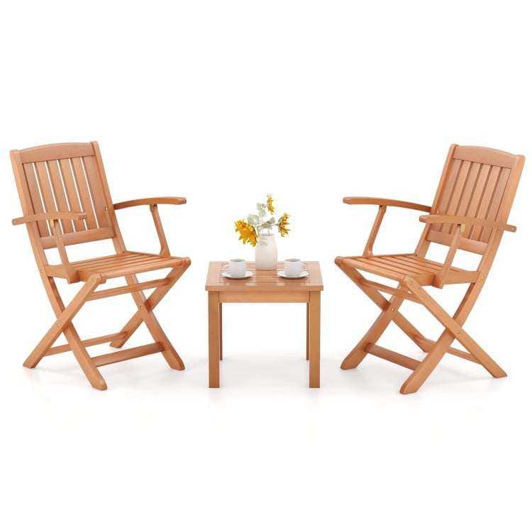 3 PCS Eucalyptus Wood Patio Bistro Set with 2 Folding Arm Chairs