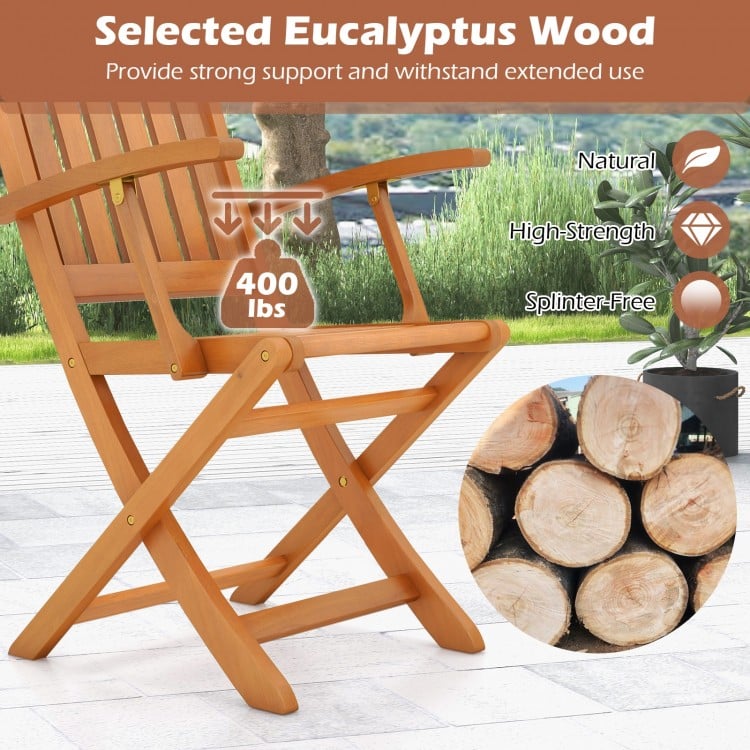 3 PCS Eucalyptus Wood Patio Bistro Set with 2 Folding Arm Chairs