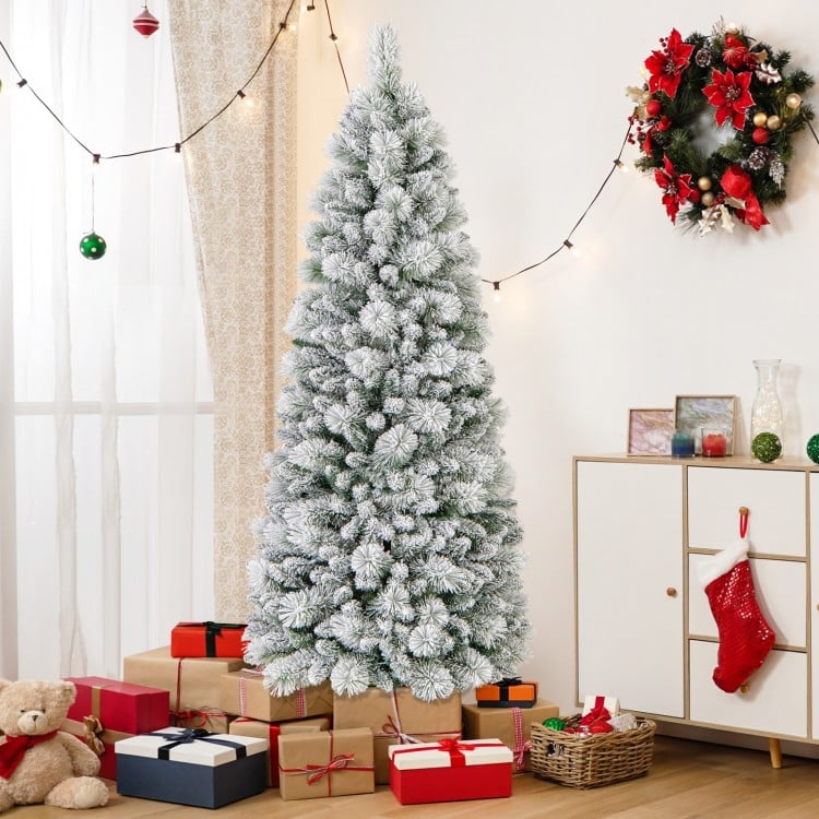 6 Feet Flocked Christmas Tree with Pine Needles and LED Lights