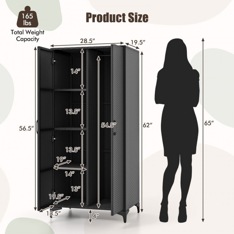 62 Inch Wicker Wardrobe with 2 Doors PE Rattan Closet with Hanging Rod-Black