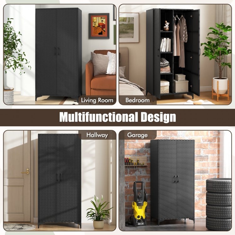 62 Inch Wicker Wardrobe with 2 Doors PE Rattan Closet with Hanging Rod-Black
