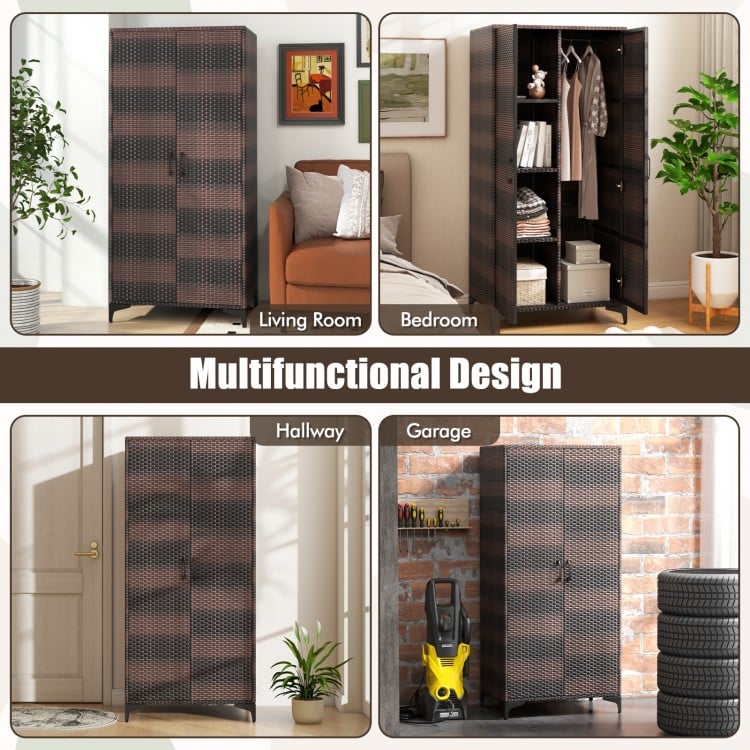 62 Inch Wicker Wardrobe with 2 Doors PE Rattan Closet with Hanging Rod-Brown