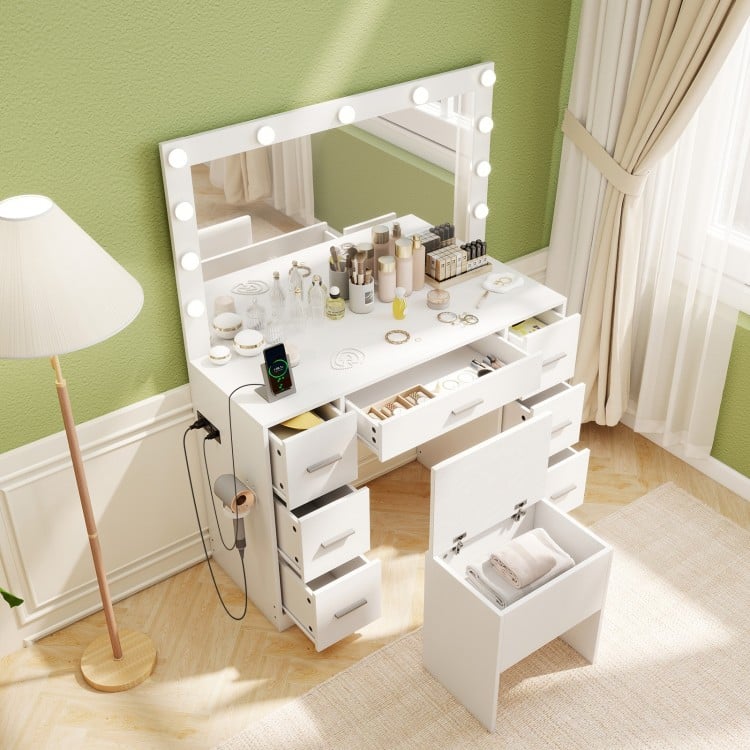 43.5-Inche Vanity Desk with Mirror and Lights for Bedroom-White