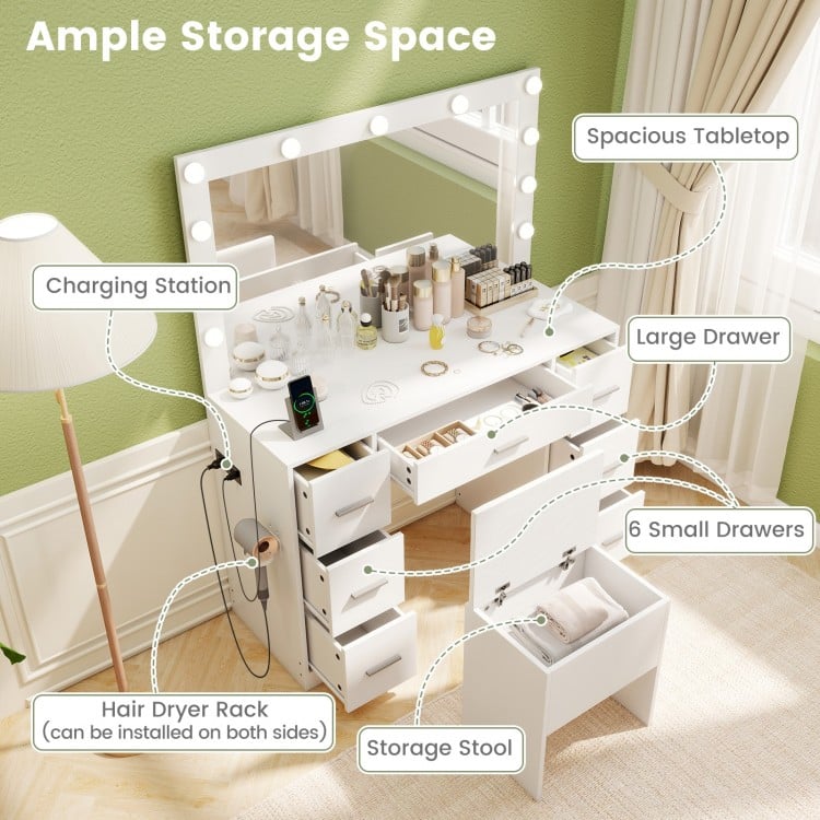 43.5-Inche Vanity Desk with Mirror and Lights for Bedroom-White
