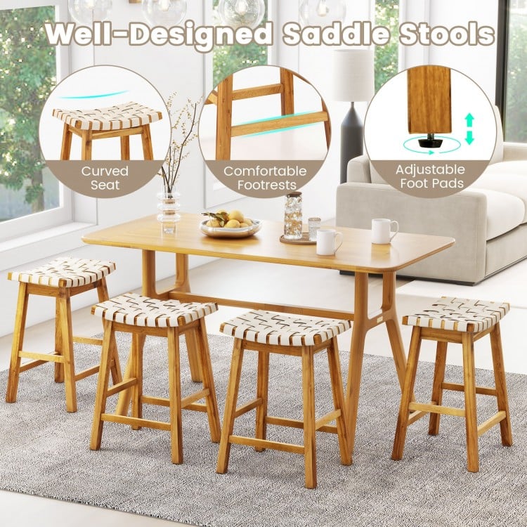 Faux PU Leather Bar Stools Set of 2 with Woven Curved Seat Natural-25.5 inches