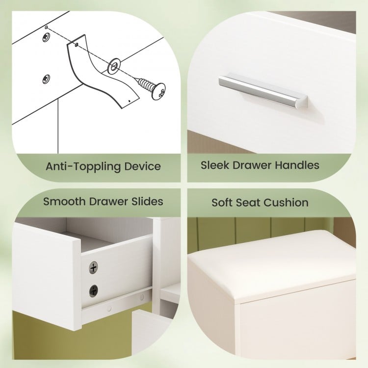 Makeup Table and Stool Set with Hair Dryer Stand-White