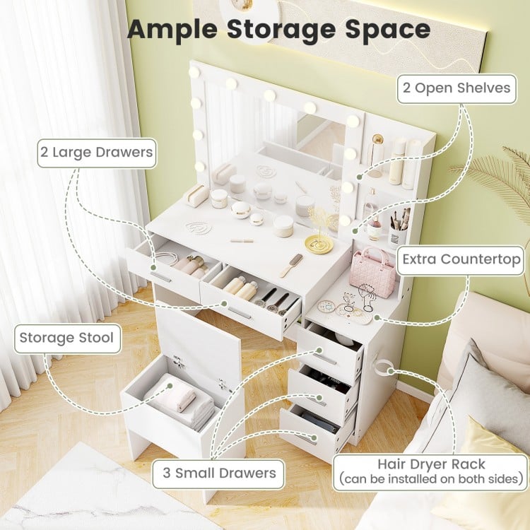 Makeup Table and Stool Set with Hair Dryer Stand-White