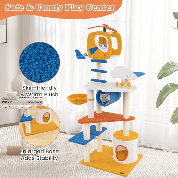 70 Inch Tall Aviation-themed Cat Tree with Helicopter Top Perch and Platforms-Yellow