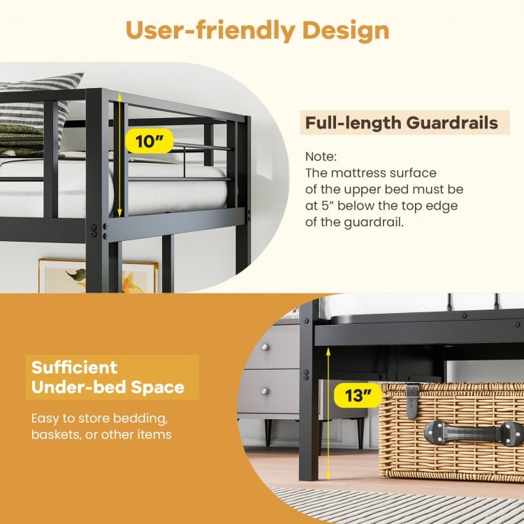 Twin Over Futon Bunk Bed with 2 Ladders and Safety Guardrails-Black
