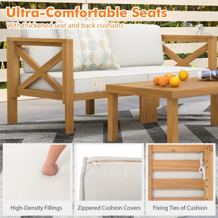 5 Piece Outdoor Conversation Furniture Set with 3 Chairs 1 Ottoman and 1 Coffee Table-White