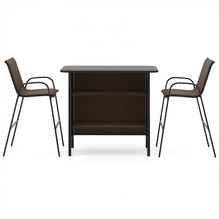 3 Piece Outdoor Bar Set with Footrest and 2-Tier Shelf-Coffee