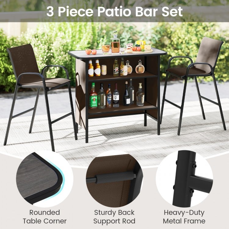 3 Piece Outdoor Bar Set with Footrest and 2-Tier Shelf-Coffee