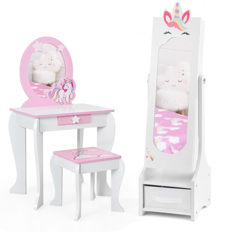 Kids Jewelry Cabinet with Full-Length Mirror for Kids Bedroom and Playroom-White