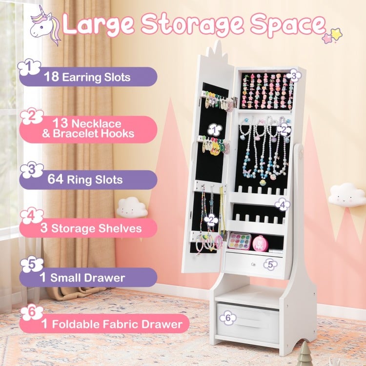 Kids Jewelry Cabinet with Full-Length Mirror for Kids Bedroom and Playroom-White