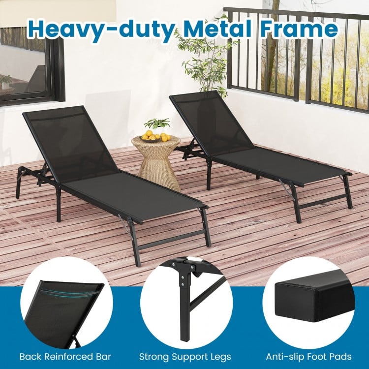 Chaise Lounge Chair Set of 2 Foldable Patio Lounge Chairs-Black