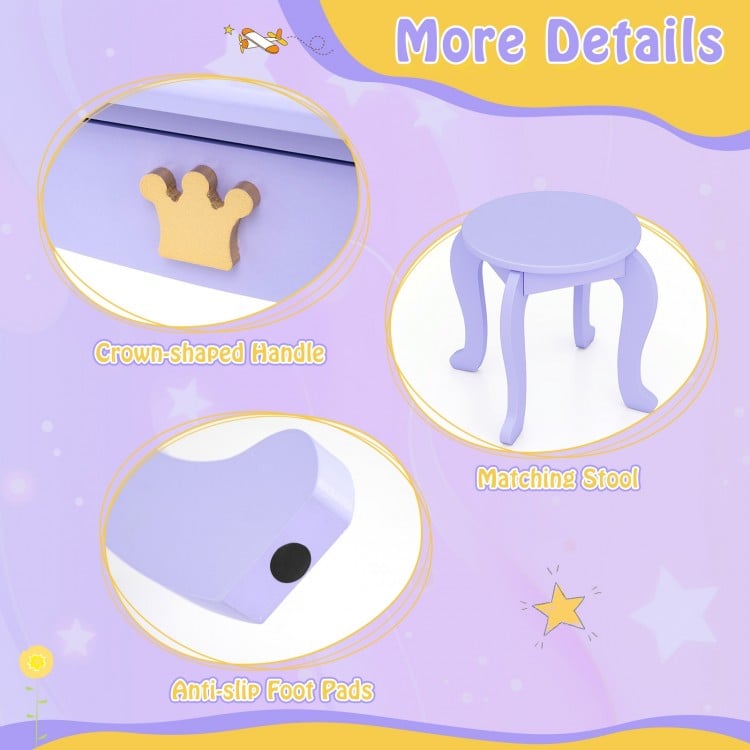 Kids Vanity Set with Tri-fold Lighted Mirror Detachable Top and Stool-Purple