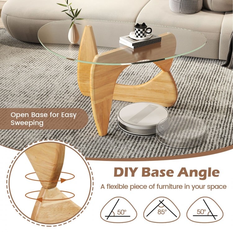 Triangle Coffee Table with Tempered Glass Top and Adjustable Rubber Wood Base-Natural
