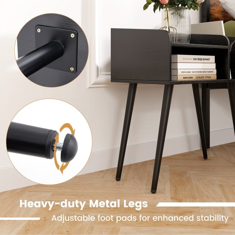 Mid Century Modern Nightstand with Open Shelves-Black
