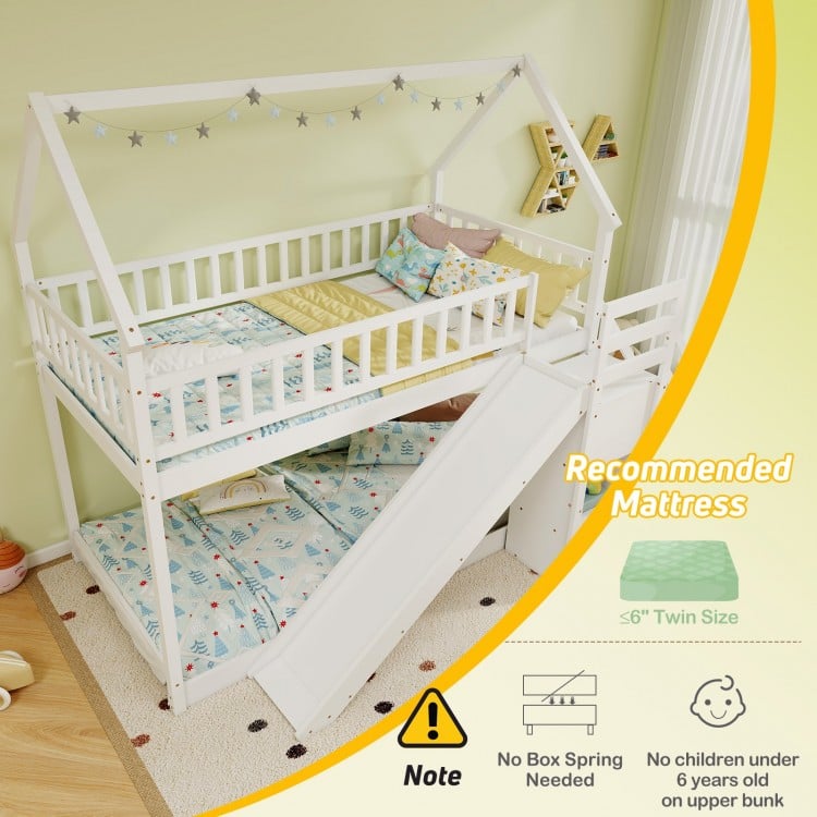 Twin Over Twin Bunk Bed with Slide and Staircase-White
