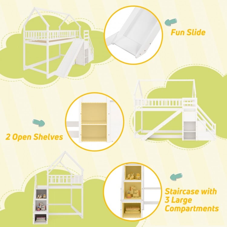Twin Over Twin Bunk Bed with Slide and Staircase-White