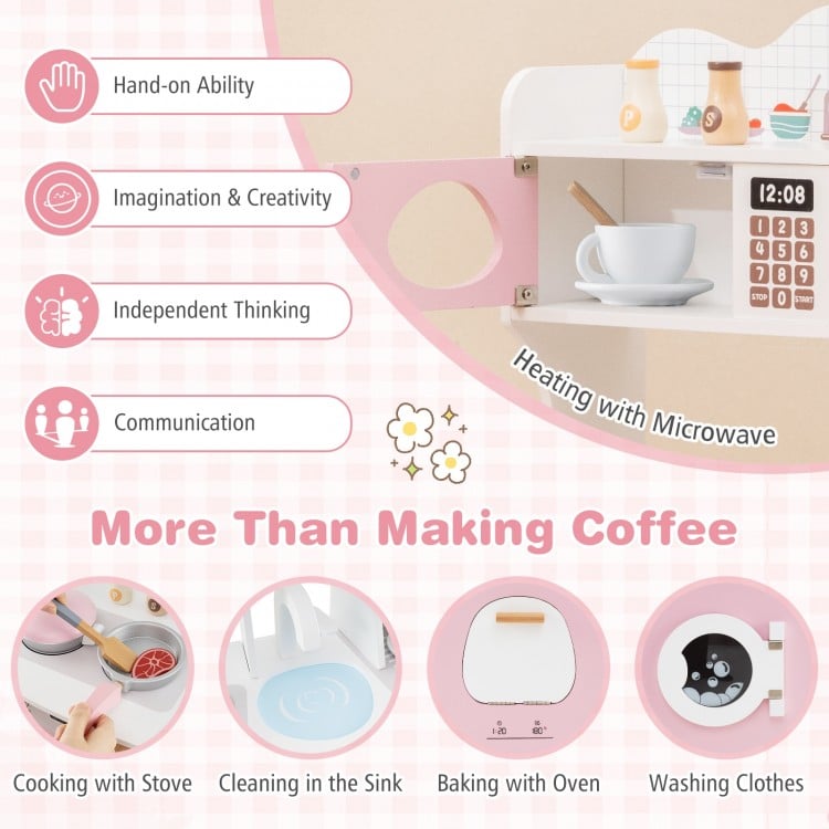 Wooden Kids Kitchen Playset with Coffee Maker for kids-Pink
