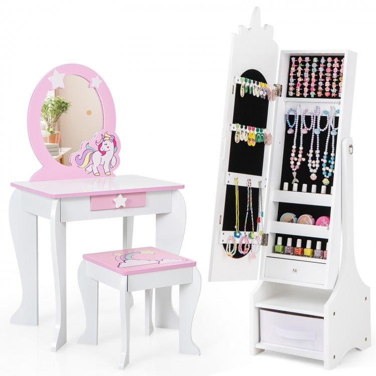 Kids Jewelry Armoire Cabinet with Storage and 2 Tilt Angles-White