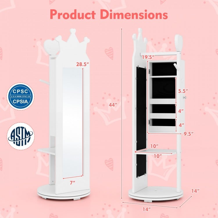 Free-Standing Full Length Mirror Kids Jewelry Armoire Cabinet-White