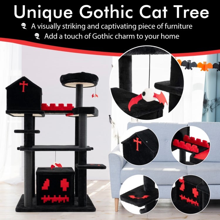 Gothic Cat Tree 49 Inch Tall Cat Tower 6-Tier Cat Activity Center with Coffin Bed-Black