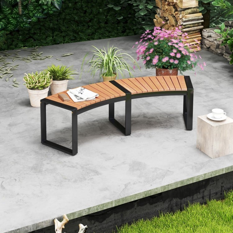 Patio Curved Bench with Slatted Seat and Metal Legs-2 Pieces