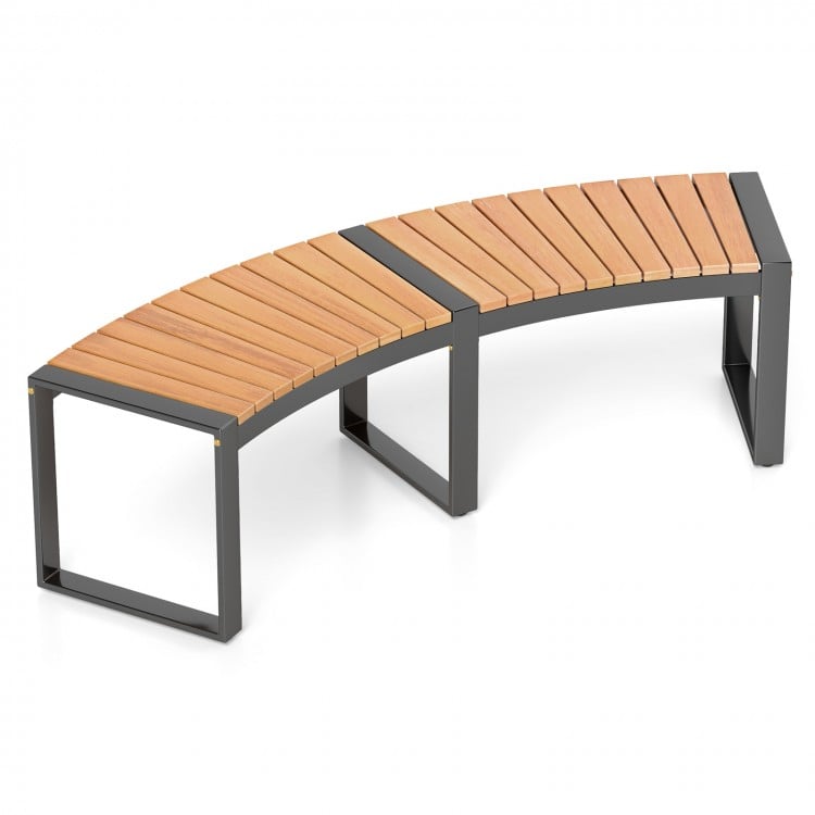 Patio Curved Bench with Slatted Seat and Metal Legs-2 Pieces