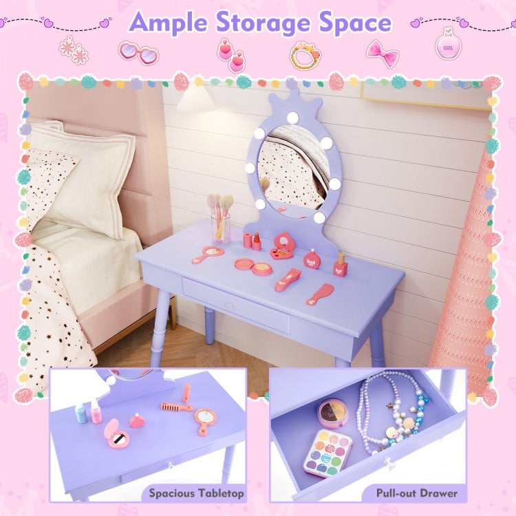 Kids Vanity Set with Lighted Mirror with Adjustable Brightness and Large Drawer-Purple
