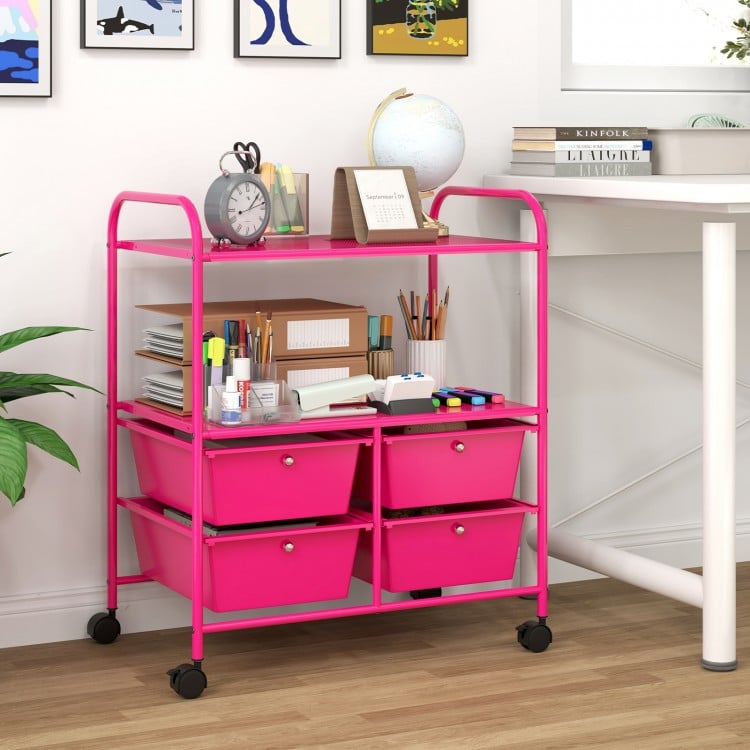 4 Drawers Shelves Rolling Storage Cart Rack-Hot Pink