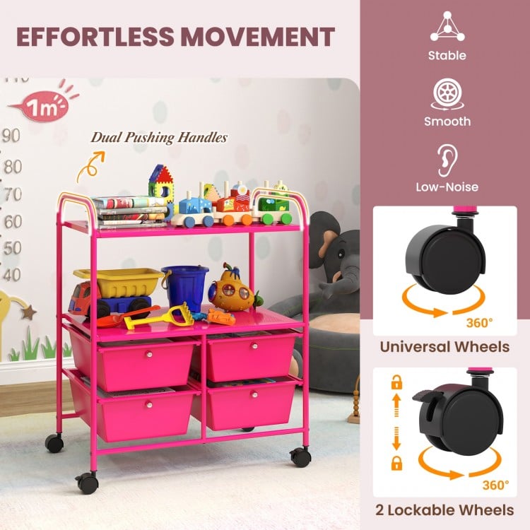 4 Drawers Shelves Rolling Storage Cart Rack-Hot Pink