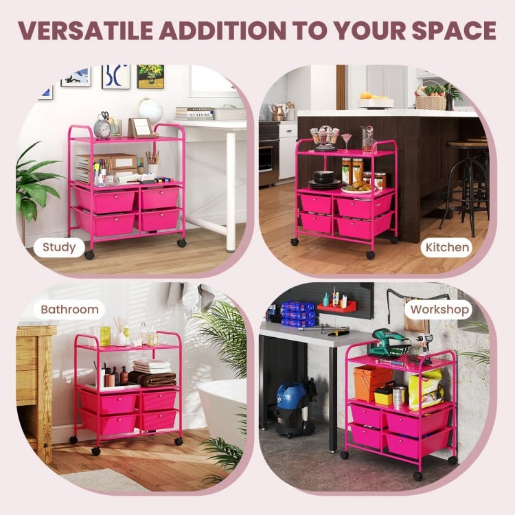 4 Drawers Shelves Rolling Storage Cart Rack-Hot Pink