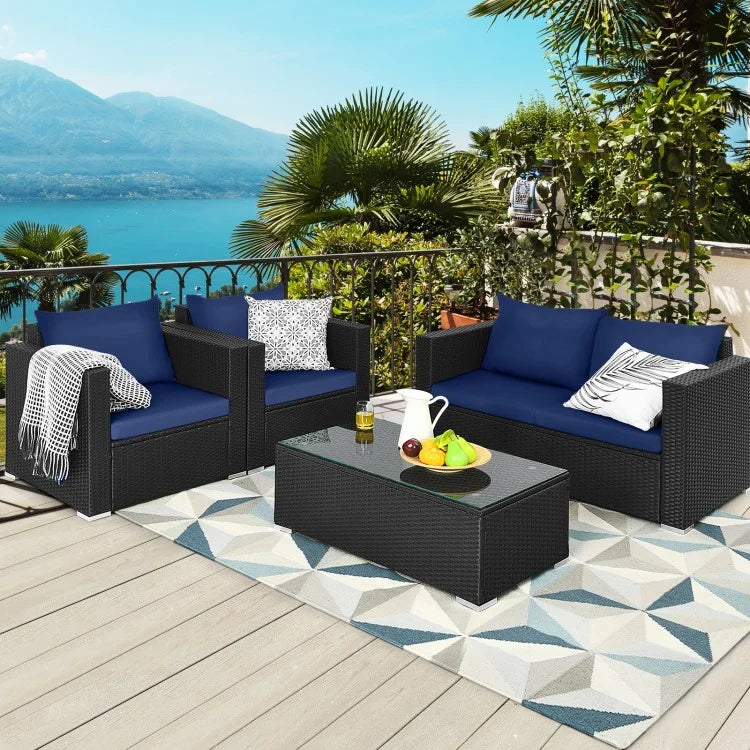 4 Pieces Patio Rattan Cushioned Furniture Set-Navy