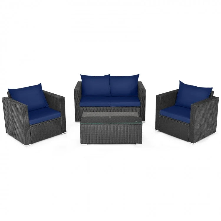 4 Pieces Patio Rattan Cushioned Furniture Set-Navy