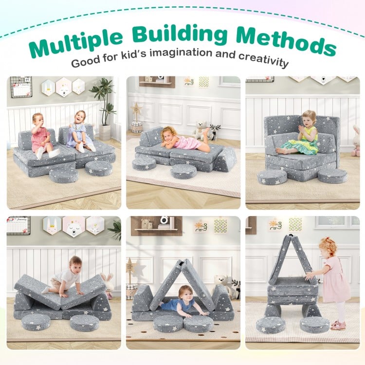 Modular Kids Play Couch Set Glow in the Dark with Portable Handles-Gray