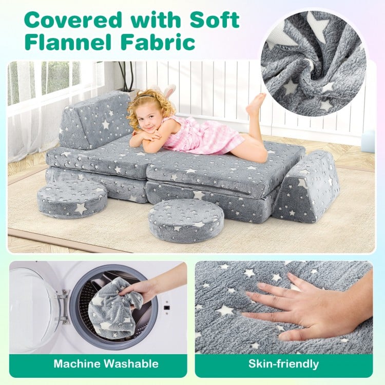 Modular Kids Play Couch Set Glow in the Dark with Portable Handles-Gray