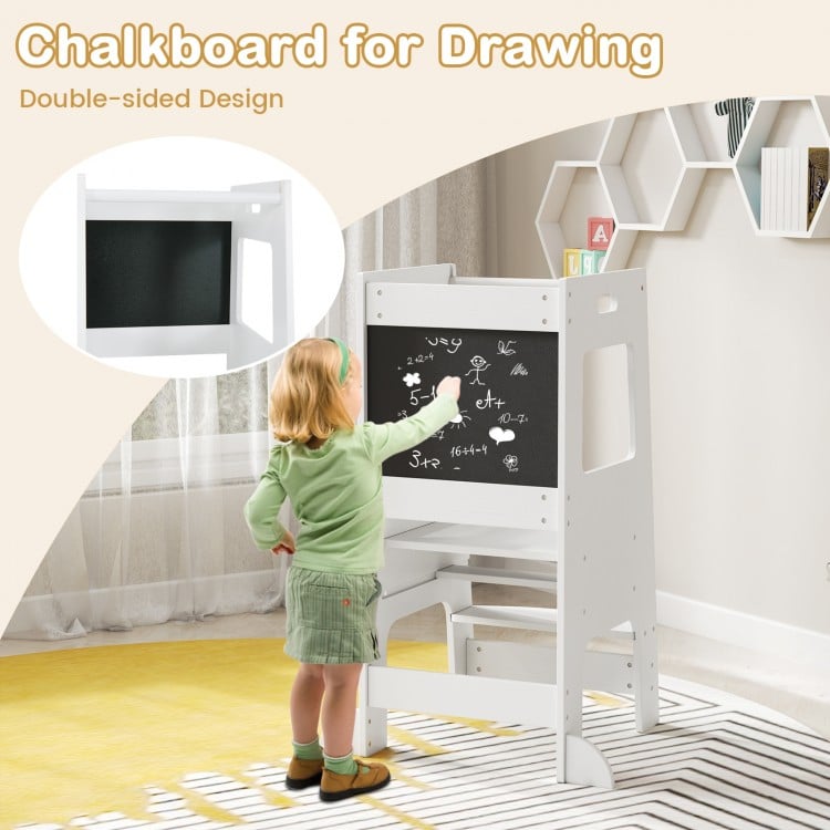 Toddler Kitchen Step Stool with Activity Chalkboard and Adjustable Height-White