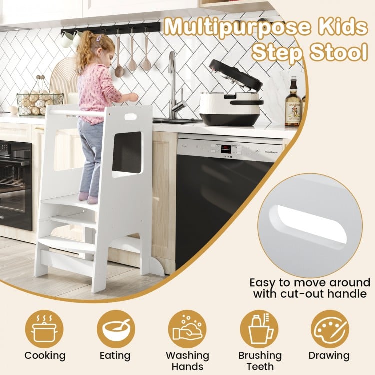 Toddler Kitchen Step Stool with Activity Chalkboard and Adjustable Height-White