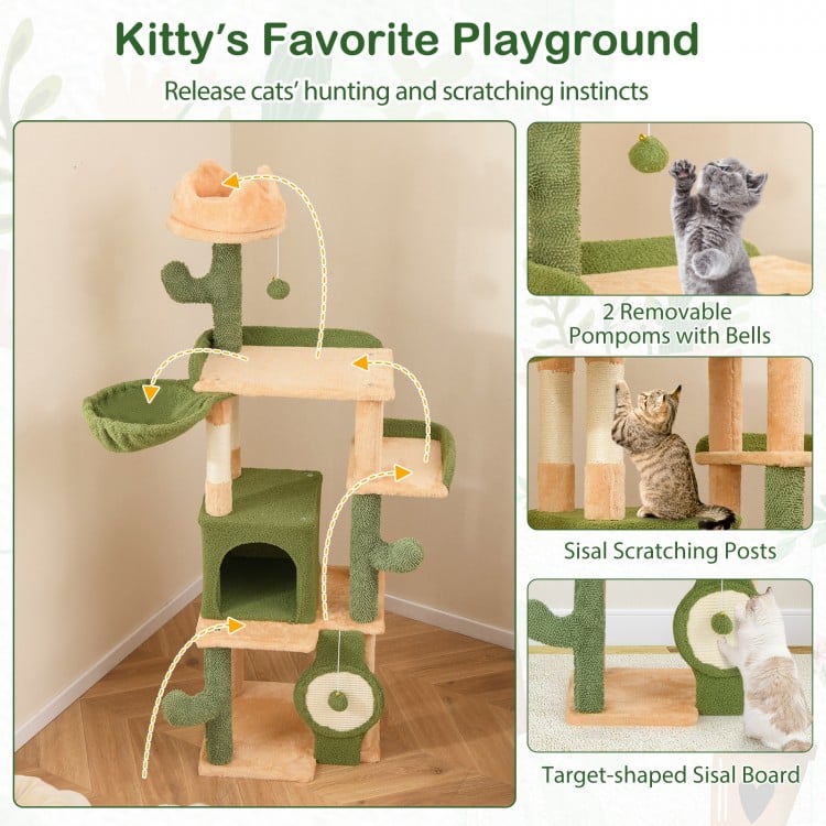 63 Inch Cactus Cat Tree with Sisal Scratching Posts and Board for Indoor Cats