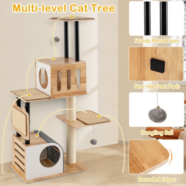 Modern Tall Cat Tower with Double Condos with Dangling Balls and Sisal Carpets-Natural