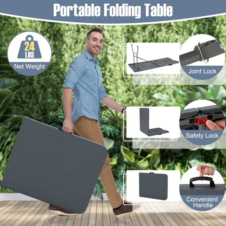 6 Feet Folding Table with Wood Grain HDPE Tabletop and Safe Lock Mechanism-Gray