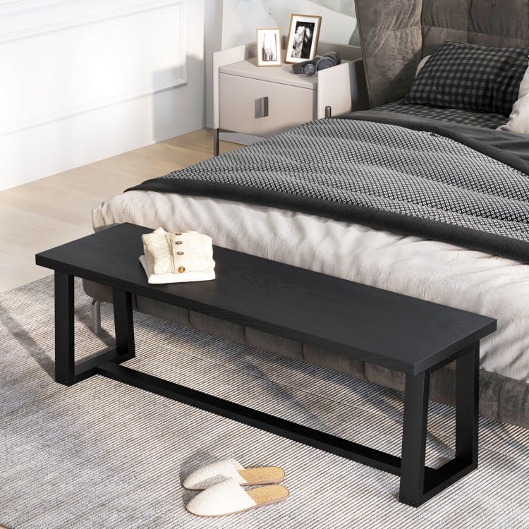 Wood Dining Bench with Metal Frame and Adjustable Footpads-Black