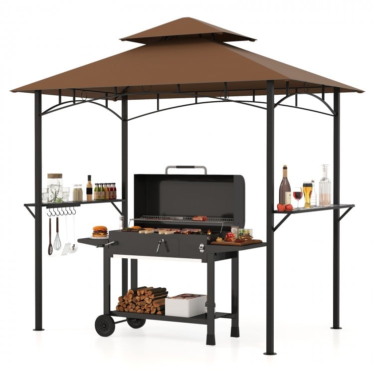 Outdoor Double-Tiered Grill Gazebo Canopy with 2 Shelves and 7 Hooks-Coffee